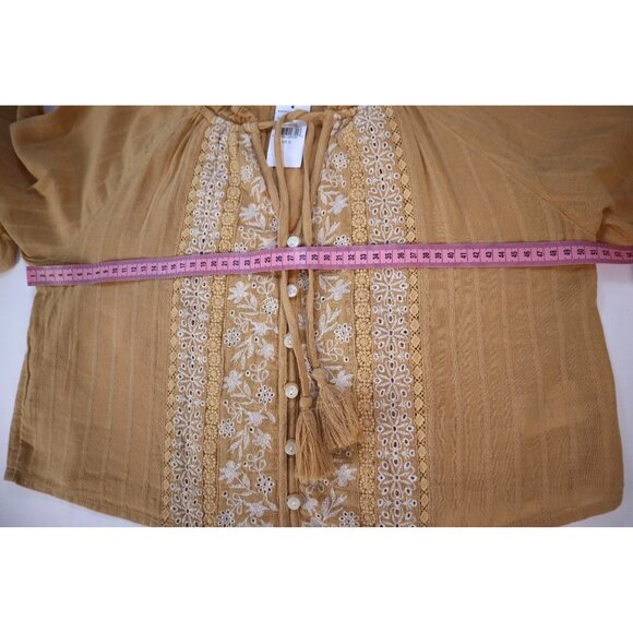 American Eagle Embroidered Mustard Yellow Peasant Blouse With Tassel Tie Neck S - Picture 10 of 12